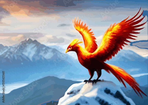 Majestic Phoenix on Snowy Mountain – Mythical Firebird in Winter Landscape