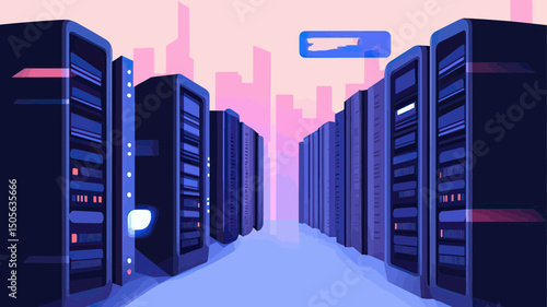 Data center server room interior with multiple racks and network equipment in modern technology infrastructure illustration