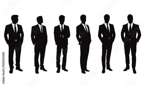 Silhouettes of six professional men in business suits standing in varied confident poses isolated on white background conceptual leadership corporate style formal attire male figures collection