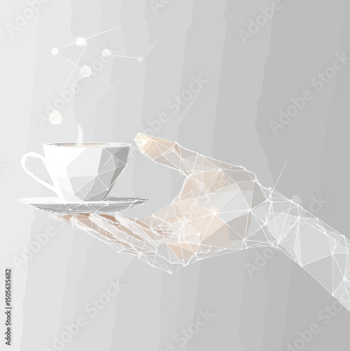Abstract low poly white hand holding steaming coffee cup and saucer with glowing digital connection points on gray background illustration