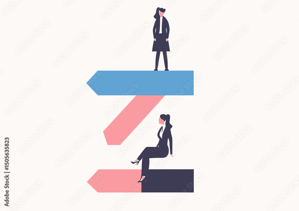 Businesswoman sitting on lower pink arrow below businessman standing on higher blue arrow unequal symbol representing gender inequality and career disparity concept flat vector Businesswoman sitting on lower pink arrow below businessman standing on higher blue arrow unequal symbol representing gender inequality and career disparity concept flat vector