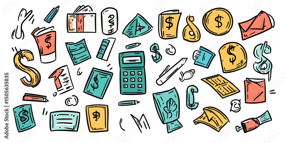 Hand drawn colorful doodle icons set of finance business money banking calculator bills coins currency envelopes and documents in minimalist sketch style vector illustration Hand drawn colorful doodle icons set of finance business money banking calculator bills coins currency envelopes and documents in minimalist sketch style vector illustration