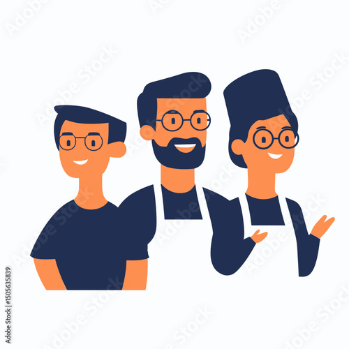 Diverse smiling chefs and cooks team wearing aprons and chef hats standing together in kitchen uniform vector illustration