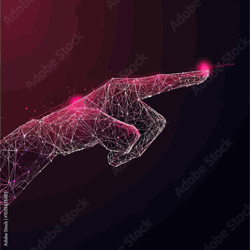 Futuristic digital hand pointing with glowing forefinger constructed from interconnected polygonal wireframe and light particles on dark background