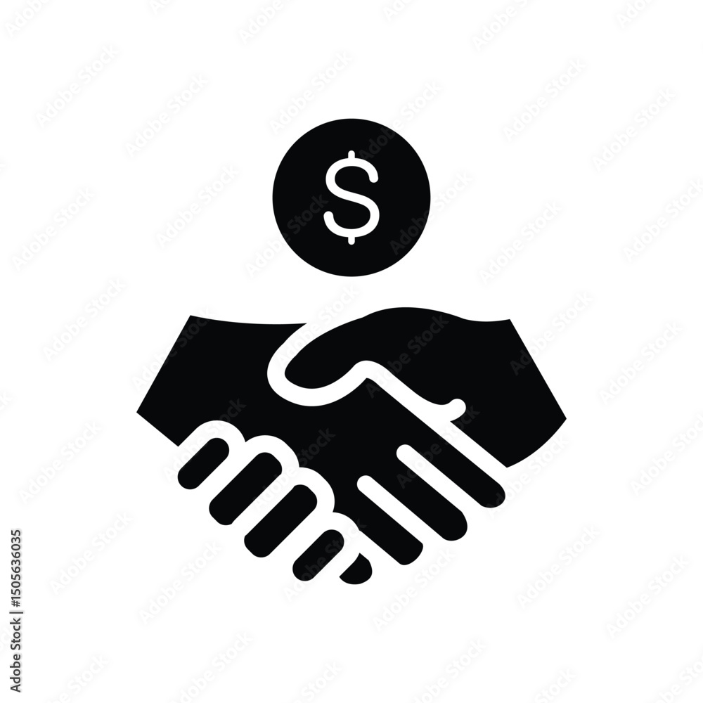 Black icon symbolizing a financial transaction or business deal, depicted by a handshake and a dollar sign. Black icon symbolizing a financial transaction or business deal, depicted by a handshake and a dollar sign.