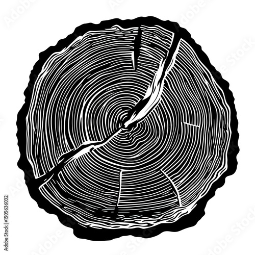 Black and white engraved tree trunk cross section with detailed growth rings and cracks isolated on white background minimalist vector illustration