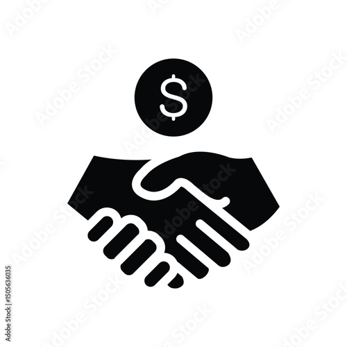 Black icon symbolizing a financial transaction or business deal, depicted by a handshake and a dollar sign.