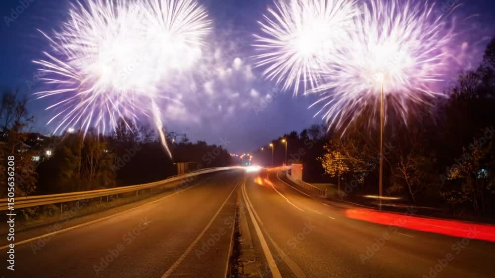 Fireworks Display over Highway with Streaks of Light in Long Exposure Night Shot Fireworks Display over Highway with Streaks of Light in Long Exposure Night Shot