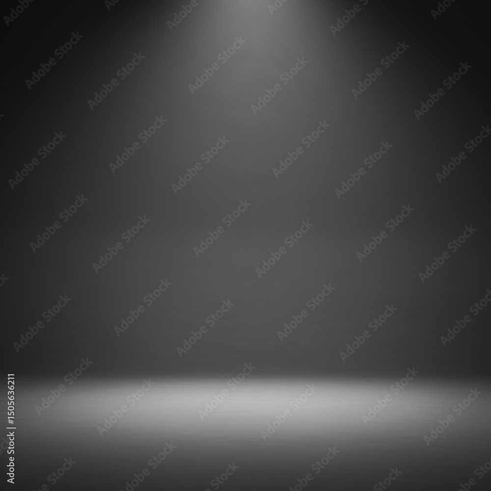 Empty grayscale studio backdrop with spotlight. Empty studio space with dramatic lighting. Blank grey studio background. ideal for product photography, advertising, editorial.