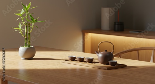  Zen Home Office with Tea Set and Bamboo Decor
