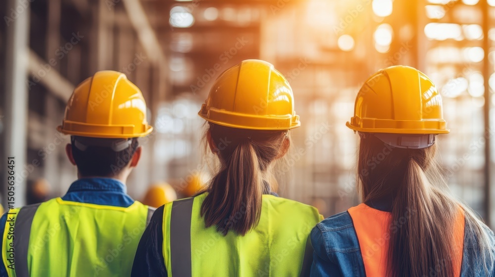 Construction Team. Workers Wearing Yellow Hard Hats and Safety Vests Together Construction Team. Workers Wearing Yellow Hard Hats and Safety Vests Together