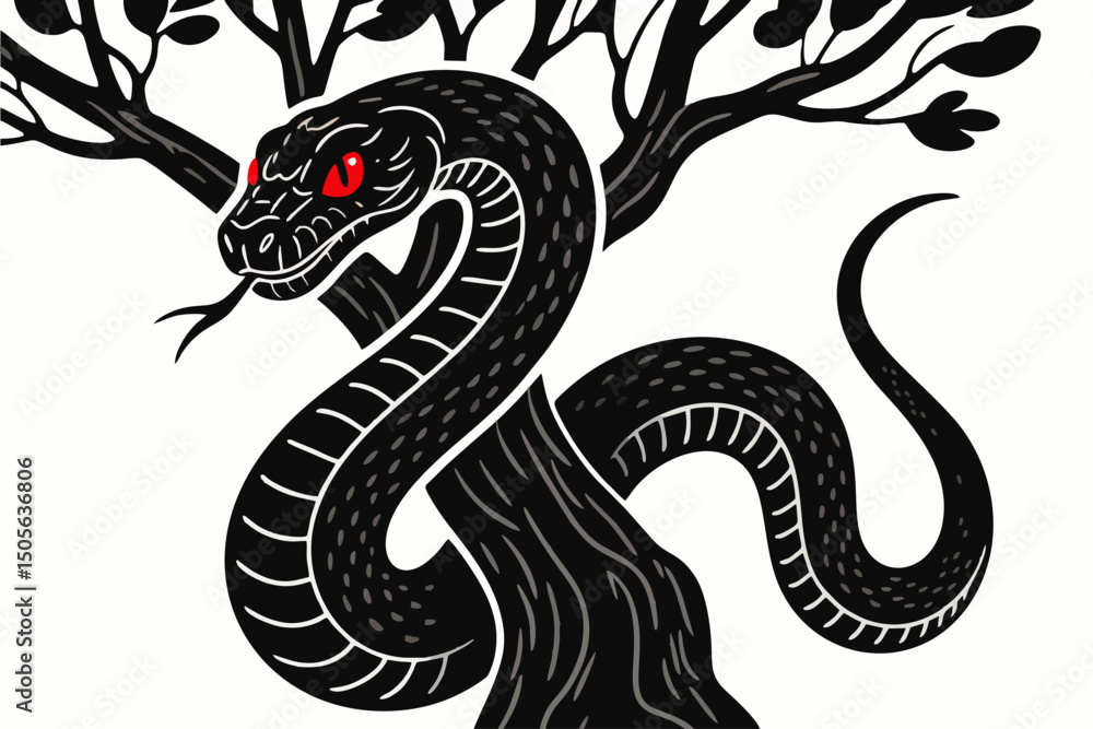 Obraz premium Evil Snake Coiled on Tree – Vector Silhouette Line Art