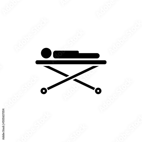 Ill Patient Lying on Medical Roller Bed Solid Flat Vector Icon Isolated on White Background.