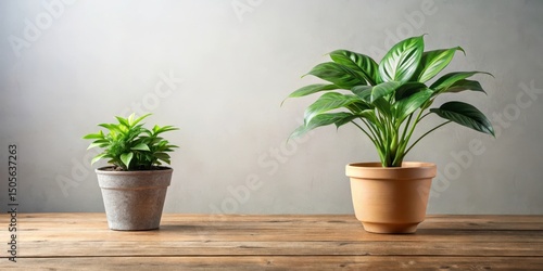 Two potted plants on a wooden table, with one plant slightly droopy and the other lush, plant care