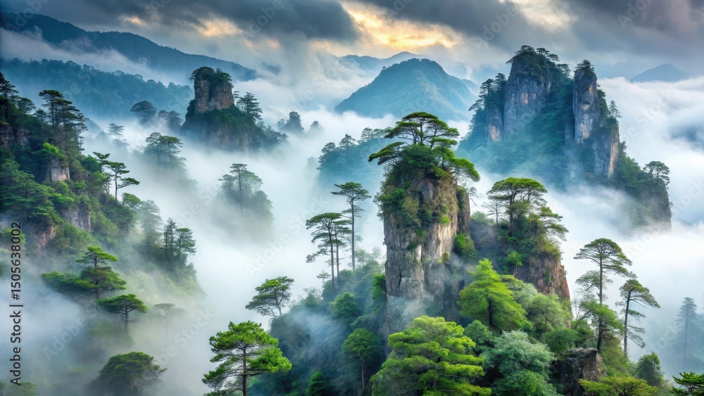 Fototapeta premium Serene mountainous terrain with misty fog and ancient trees, China, forest, China, forest