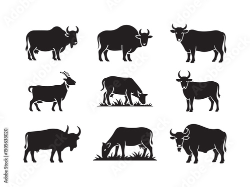 Silhouettes of Various Farm Animals Grazing and Standing on white background