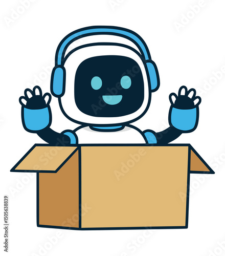 Robot Emerging from Cardboard Box illustration logo design clipart mascot