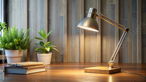 Modern desk lamp with a sleek and minimalist design, placed on a wooden table in a cozy study room, wood, lighting,  wood