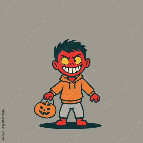 Halloween zombie character holding a jack o lantern.  