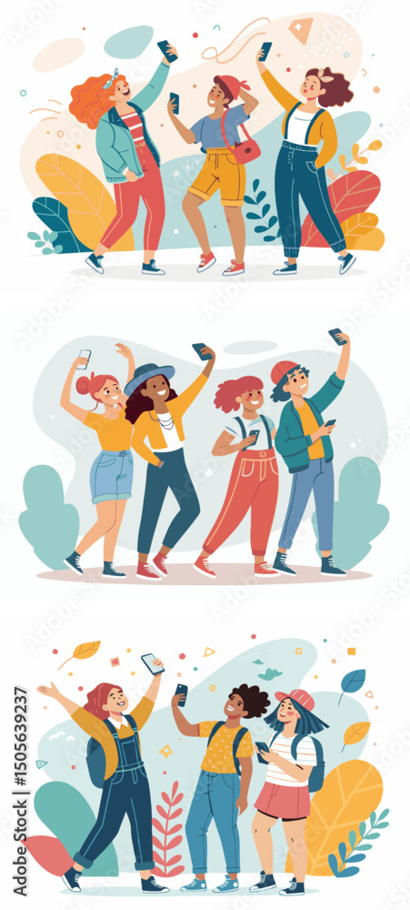 Fototapeta premium Illustration depicting happy Generation Z teenagers in a variety of stylish clothes and hairstyles. They actively use smartphones