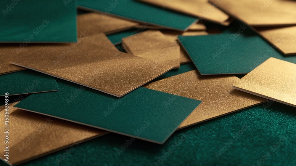 Fototapeta premium A vibrant arrangement of green and gold sheets scattered on a textured surface, ideal for crafts