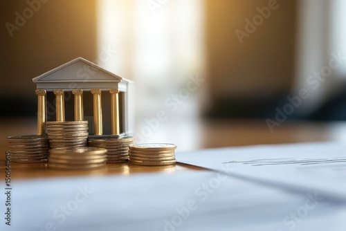 Miniature bank building on a pile of coins with documents in a softly lit office setting