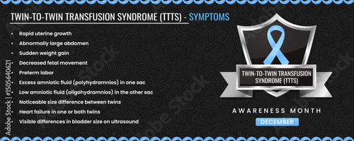 Twin to Twin Transfusion Syndrome Awareness ribbon with Symptoms, Shield Design with Pattern Based Background.