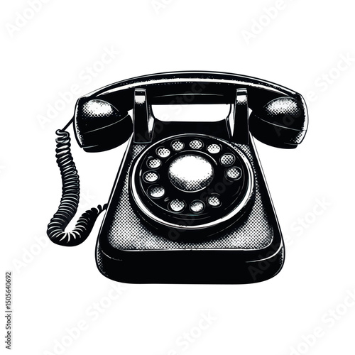 Old phone retro halftone grunge style on isolated white background