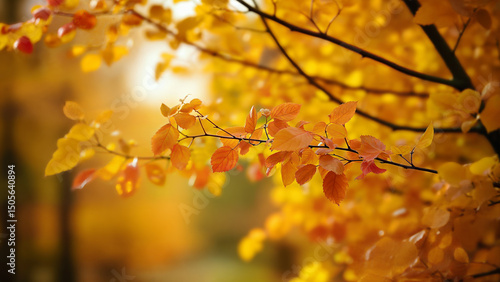 Vivid autumn leaves on a tree branch. Suitable for seasonal, nature, or foliage themed visual content.