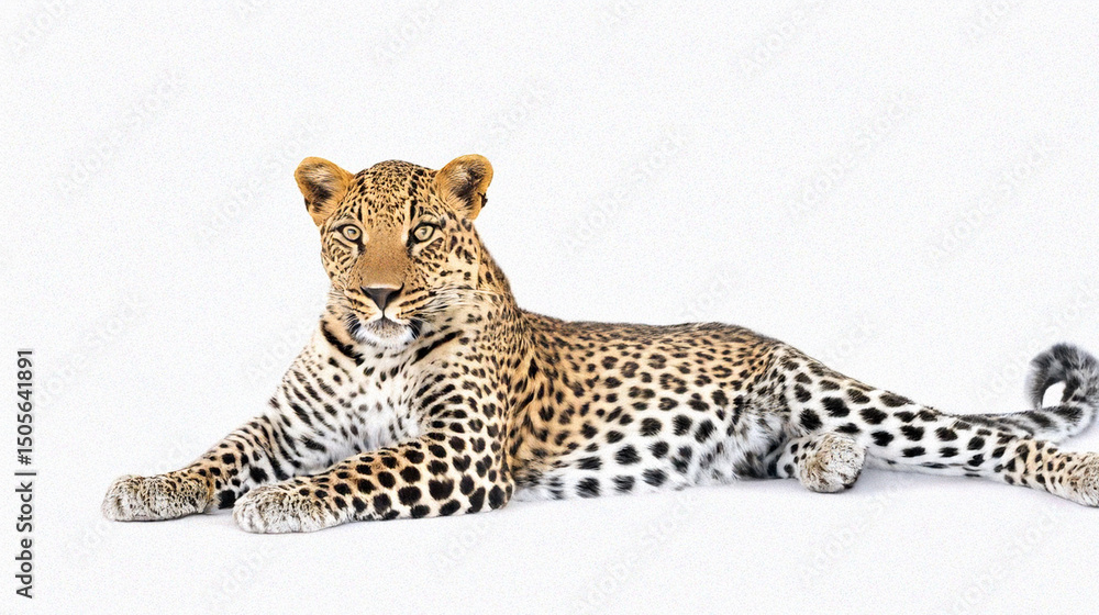 Fototapeta premium A leopard lying on its side, with a spotted coat, relaxed posture, and a calm expression.