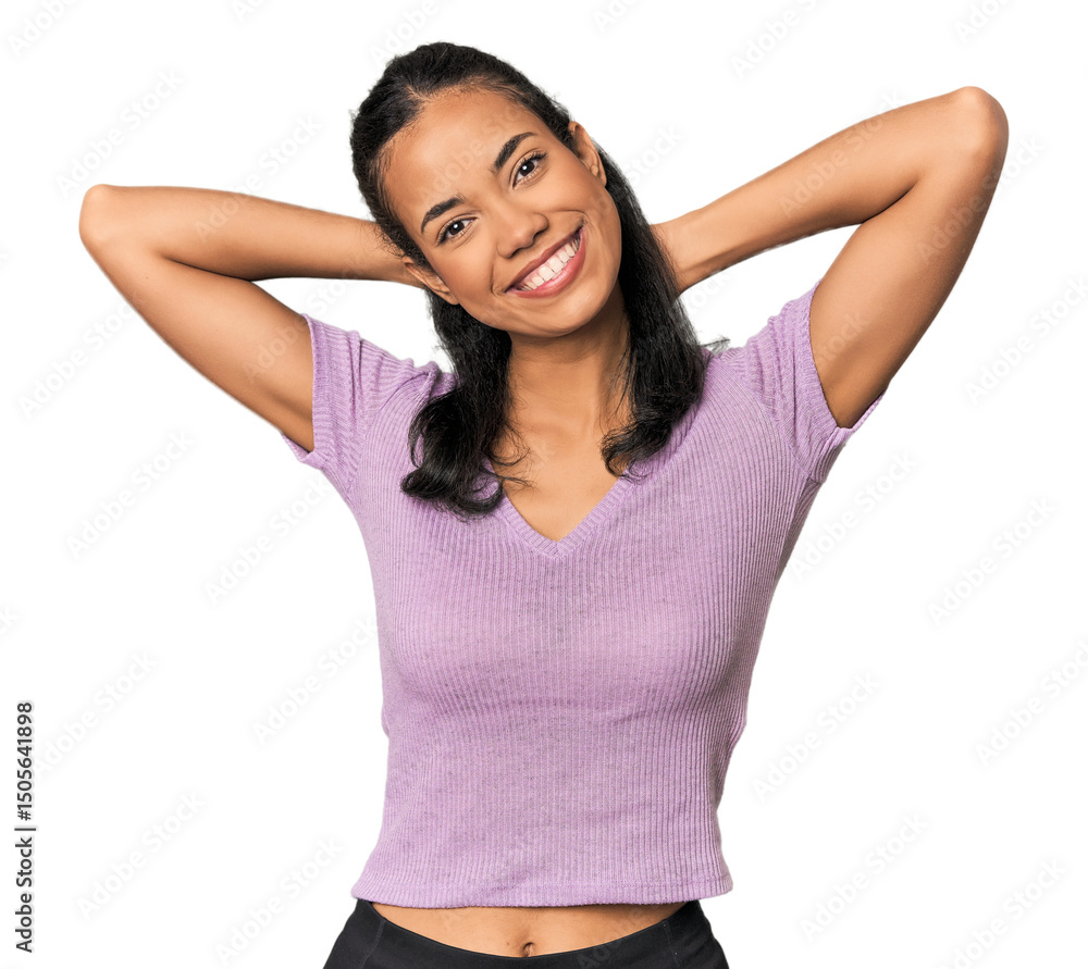 Young Filipina woman stretching arms, relaxed position. Young Filipina woman stretching arms, relaxed position.