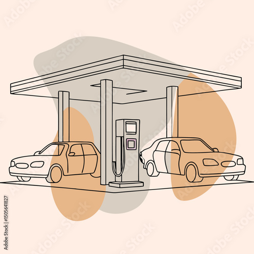 Cars at Gas Station in Outline Style Graphic Design Illustration