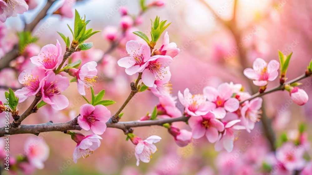 Peach blossoms in spring garden, soft pink petals on branch Peach blossoms in spring garden, soft pink petals on branch