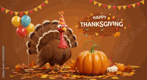 Thanksgiving Feast: A Turkey with Pie and Party Hats
