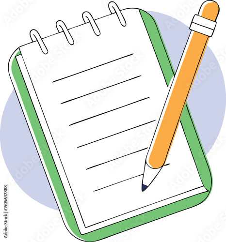 Notebook and pencil illustration suitable for writing or taking notes on white background