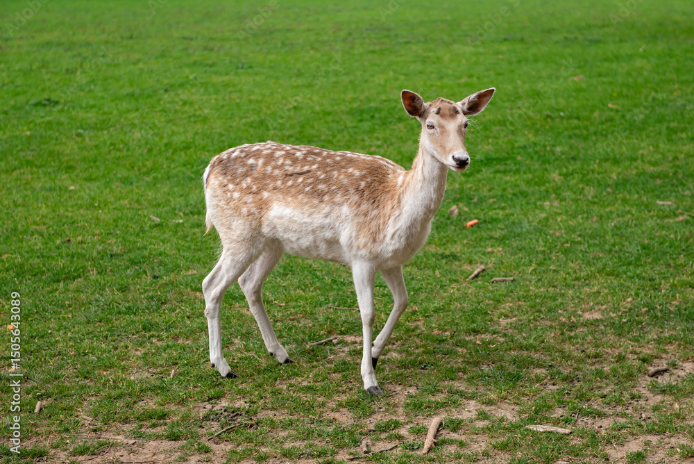 A young deer walks on a lawn. A deer is grazing in a meadow. A young deer walks on a lawn. A deer is grazing in a meadow.