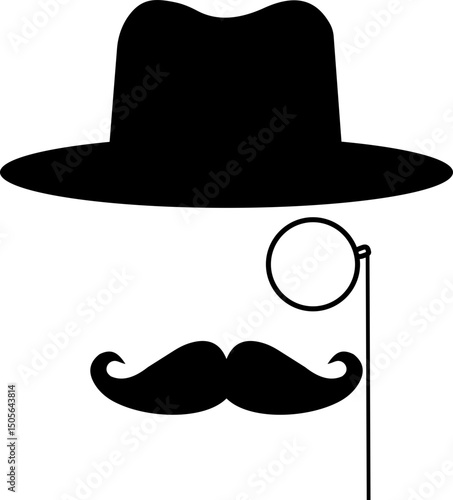 Gentleman icon. Man wears glasses with hat and mustache black vector design. Secret agent icon in a hat and glasses mustache isolated on transparent background. Vector illustration.