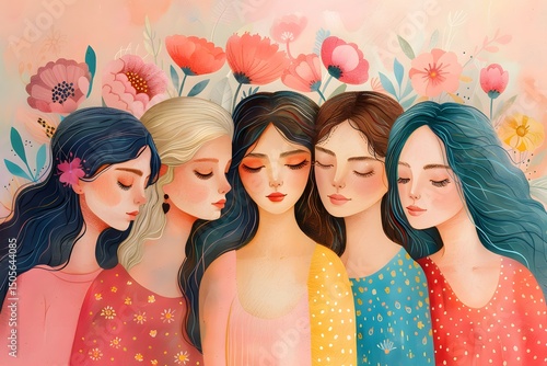 Five women with varying hairstyles and colorful outfits stand together, their eyes closed, surrounded by soft floral designs. The atmosphere is calm and harmonious, evoking connection and peace