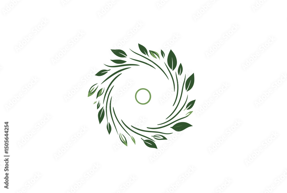 Fototapeta premium Abstract Green Leaves Swirling Around a Central Circle on White Background. minimalist vector icon logo