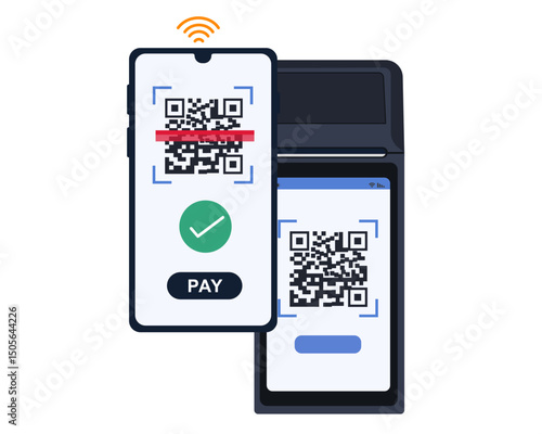 QR code scanning with mobile phone digital payment with POS terminals vector illustration  