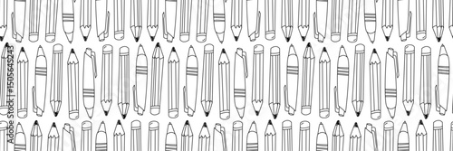 Pens and pencils seamless pattern. An outline illustration of pens and pencils. A black and white school background. Creativity concept.