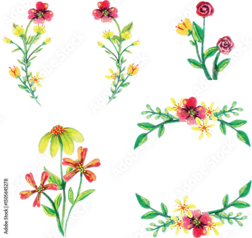 Bright Watercolor Flower Clusters and wreaths Collection, Colorful watercolor illustrations of flower clusters in vibrant red, yellow, and pink tones with green leaves, hand-painted and isolated