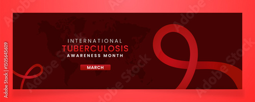 Tuberculosis awareness campaign banner with Red ribbon symbols on gradient pastel light Red background.