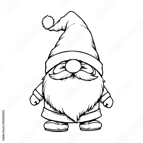 Cute cartoon Christmas gnome with a long beard and tall hat, hand-drawn illustration style, on white background, concept of holiday character