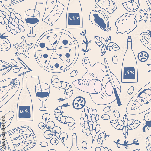 La dolce vita doodles seamless pattern Mediterranean cuisine. Blue on white hand drawn vector illustrations of Italian dishes. Perfect for wall art, invitations, menus, and decor print