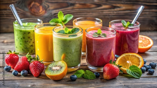 Refreshing fruit smoothies in colorful glasses with fresh fruits and a spoon , fruit juice