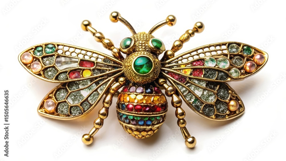A metallic brooch in the shape of a bee with intricate details and sparkling imitation gemstones adorns the garment of a insect-inspired fashion design , insects, metal accessories A metallic brooch in the shape of a bee with intricate details and sparkling imitation gemstones adorns the garment of a insect-inspired fashion design , insects, metal accessories