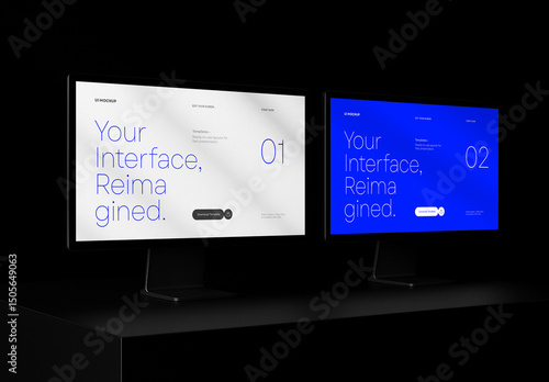 Dual Monitor Mockup – Realistic PSD Template Featuring Two UI Layout Screens in Dark Scene for Interface Presentation, Website Display, or App Promotion Design