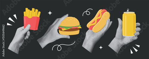 Collage design with hands holding fast food on black background. Template for banner, poster, social media.