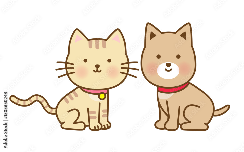 Obraz premium 仲良く並ぶかわいい飼い犬と飼い猫のイラスト